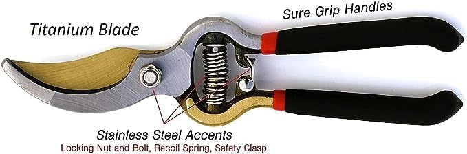 Garden Guru Indestructible Titanium Garden Clippers - Professional Bypass Hand Pruner Pruning Shear with Comfort Grip Handles for Gardening, Trimming, and Yard Work - Hardened Steel & Titanium Blade