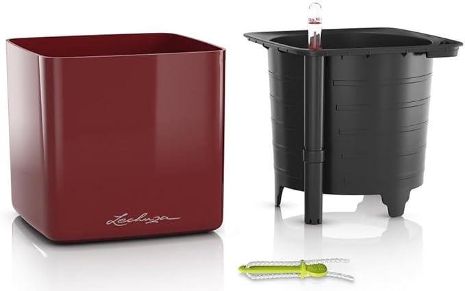 Lechuza Cube Glossy 16 Scarlet Red High Gloss, Self-Watering Indoor Small Plant Pot, H6.3 L6.7 W6.7 in