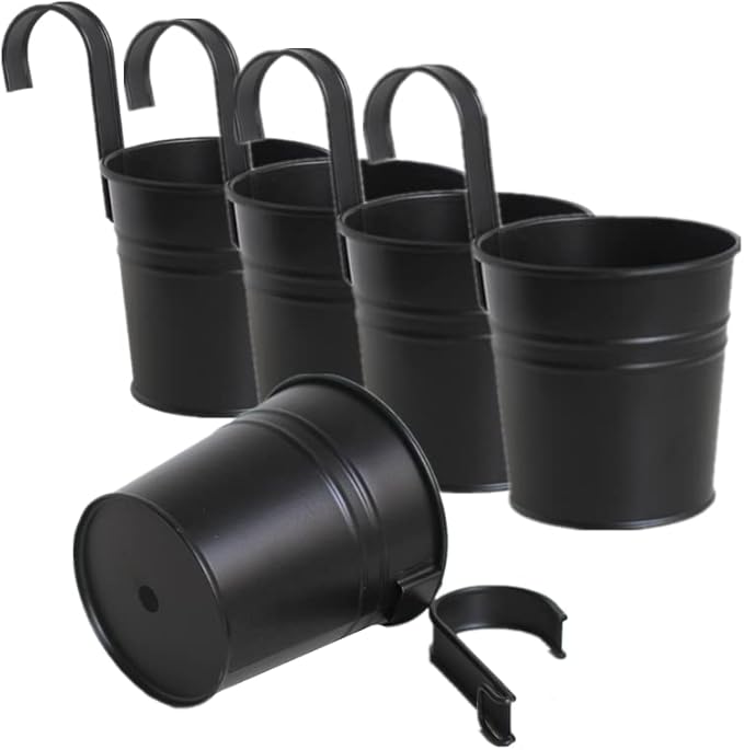 Leoyoubei Hanging Flower Pots for Outdoor Indoor Plants with Removable Hooks -5 Pack Metal Buckets Hanging Plant Pots Wall Fence Home Decor-Storage Box,Drainage Holes -5''Diameter (Black)