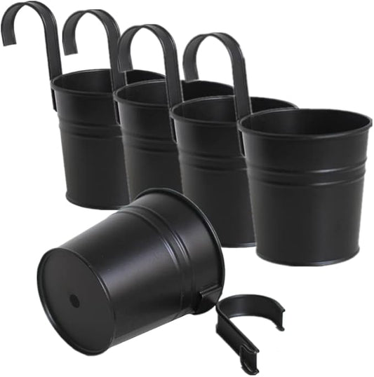 Leoyoubei Hanging Flower Pots for Outdoor Indoor Plants with Removable Hooks -5 Pack Metal Buckets Hanging Plant Pots Wall Fence Home Decor-Storage Box,Drainage Holes -5''Diameter (Black)