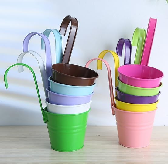 Vintage Hanging Cup Holders with Removable Hooks -5 Pack Metal Iron Buckets Hanging Flower Pots Wall Fence Hanging Planter-Storage Box, Drainage Holes -5''Diameter Vase Decoration (Rose Pink)