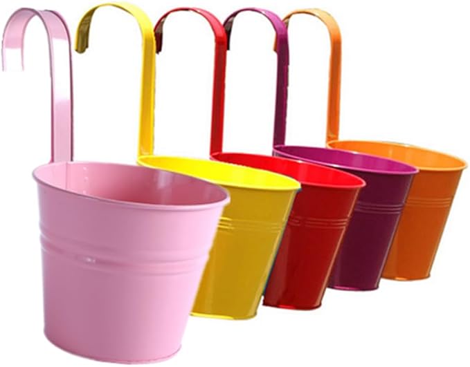 Vintage Hanging Cup Holders with Removable Hooks -5 Pack Metal Iron Buckets Hanging Flower Pots Wall Fence Hanging Planter-Storage Box, Drainage Holes -5''Diameter Vase Decoration (Multicolour)