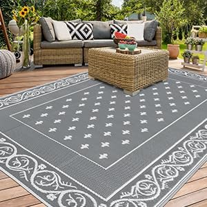 Pauwer Waterproof Outdoor Rug 9x12, Reversible Plastic Straw Patio Camping Rug, Indoor Outdoor RV Mat Carpet for Deck, Camper, Porch, Balcony, Backyard, Picnic, Bordered Grey