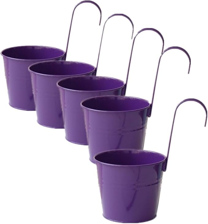 Vintage Hanging Cup Holders with Removable Hooks -5 Pack Metal Iron Buckets Hanging Flower Pots Wall Fence Hanging Planter-Storage Box, Drainage Holes -5''Diameter Vase Decoration (Deep Purple)
