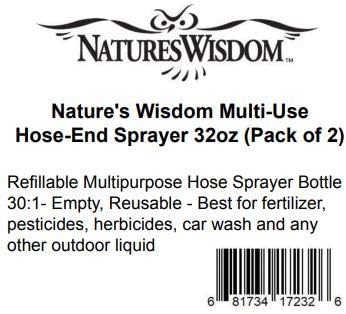 Multi-Use Lawn Hose-End Sprayer 32oz (Pack of 2) Empty Refillable Bottle (Natural, Clear), 30:1 Sprayer, Reusable - Best for Fertilizer, pesticides, herbicides, car wash and Any Other Outdoor Liquid