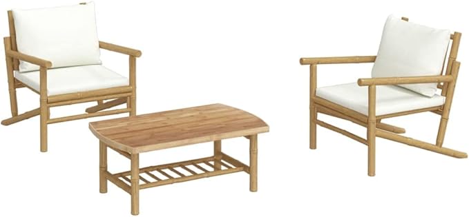 Garden Lounge Set Bamboo with Cream White Cushions Garden Furniture Set for Deck Outdoor