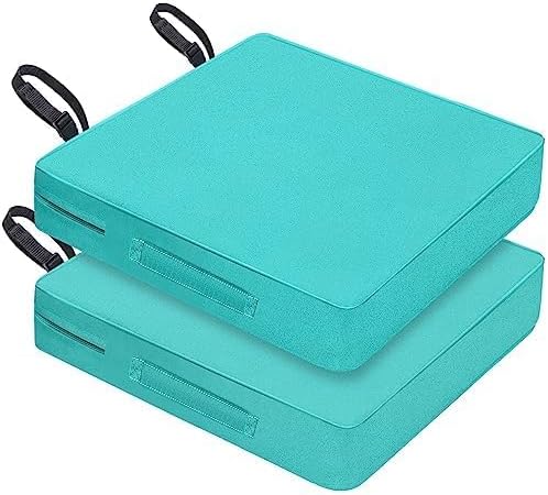 Waterproof Outdoor Seat Cushions 24x24x4 Inch, Patio Chair Cushions with Adjustable Straps & Handle, Fade-Resistant, Machine Washable, 2 Packs Blue