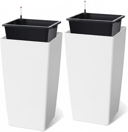 30 Inch Tall Self Watering Planters Set of 2, Outdoor Plant Pots with Automatic Watering System, Water Level Monitor, Drainage, Wheels & Inner Bucket, for Front Porch & Indoor Plants White