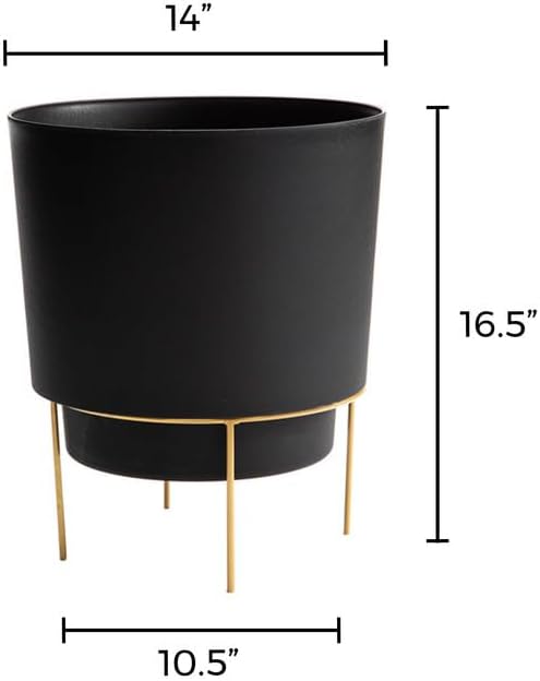 Bloem Hopson Decorative Resin Cachepot with Metal Stand, 14" Indoor and Outdoor Planter with Gold Metal Stand, Black