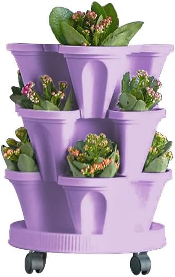 Vertical Planter 3 Tiered,Stackable Planters for Strawberry Herb Flower and Vegetable Stacking Garden Tower Gardening Pots with Removable Wheels and Bottom Indoor Outdoor