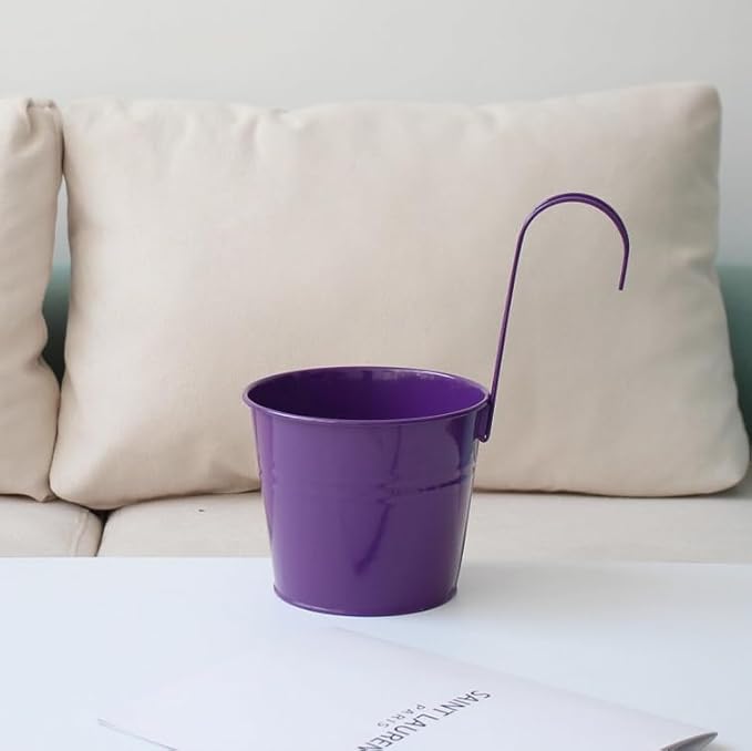 Vintage Hanging Cup Holders with Removable Hooks -5 Pack Metal Iron Buckets Hanging Flower Pots Wall Fence Hanging Planter-Storage Box, Drainage Holes -5''Diameter Vase Decoration (Deep Purple)