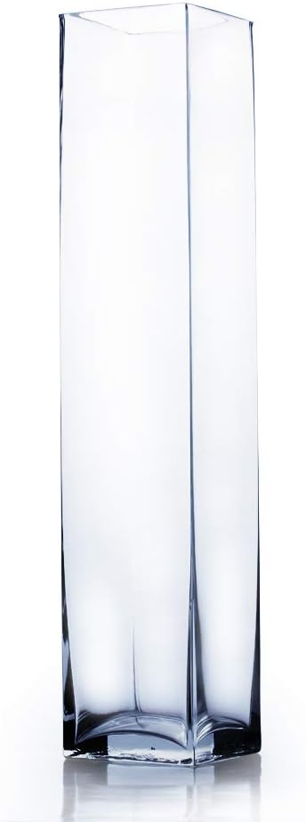WGV Tall Square Vase Glass Block, Length 4", Height 20", Clear Floral Container, Masterpiece, Planter Terrarium for Wedding Party Event, Home Office Decor, 1 Piece