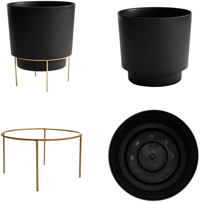 Bloem Hopson Decorative Resin Cachepot with Metal Stand, 14" Indoor and Outdoor Planter with Gold Metal Stand, Black