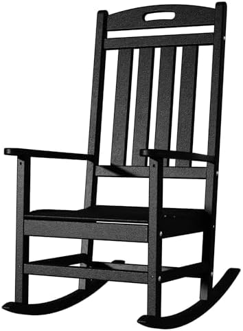 Outdoor Rocking Chair, All-Weather Resistant Poly Lumber Rocker Chair Outdoor, High Back Plastic Patio Rocking Chairs for Outside Porch Rocker Garden Lawn, Black