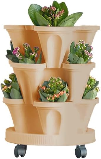 Vertical Planter 3 Tiered,Stackable Planters for Strawberry Herb Flower and Vegetable Stacking Garden Tower Gardening Pots with Removable Wheels and Bottom Indoor Outdoor
