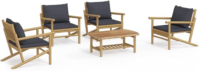 Garden Lounge Set Dark Grey, Natural Bamboo Outdoor Seating Set Garden Seating Ensemble for Pond Backyard