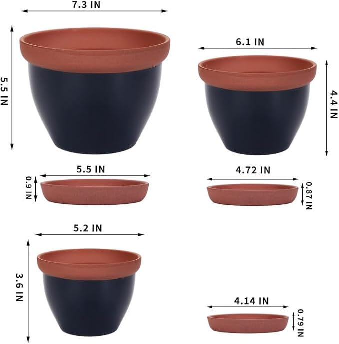 Yishang Glazed Terracotta Pots with Saucers, Set of 3, 5", 6", and 7" Sizes, Ceramic Clay Planter Pots with Drainage Holes - Black