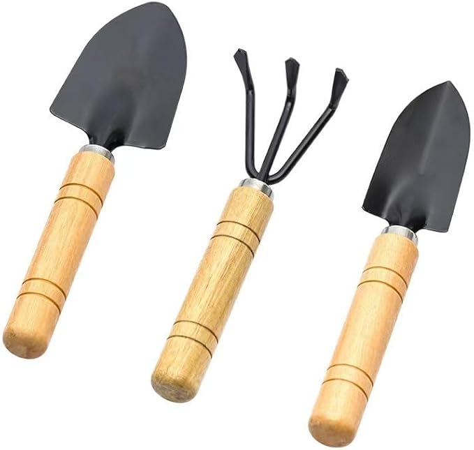 3 PCS Mini Gardening Tool Set, Shovel, Spade, Rake Kit with Ergonomic Wooden Handles, Ideal for Planting, Weeding and Cultivating, Kid Gardening Plant Tool for Cactus Herbs Indoor Miniature Plants