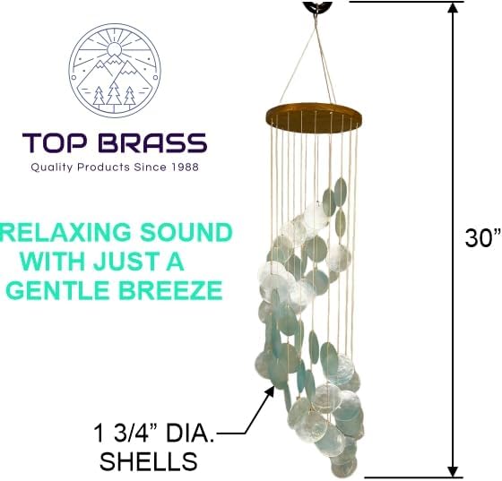 Top Brass Capiz Shell Spiral Wind Chime – 30” Tall Coastal-Inspired Outdoor & Indoor Hanging Chime with Stainless Hanging Ring – Relaxing Breezy Sound for Patio, Porch, Garden Décor