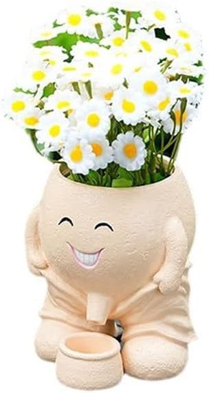 Urinating Pot Head Planter Cute Smiley Face Doll Flower Pot Naughty Doll Plant Planter with Drain Resin Smile Vase Tabletop Decor Suitable for Grow Succulents Cactus Herbs (No Plants) (Khaki)