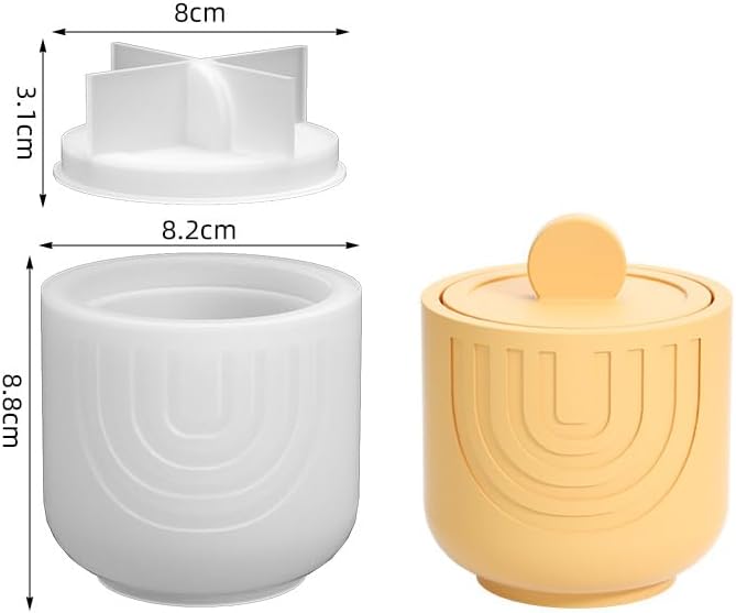 Storage Box with Lids Candle Jar Molds Set, Creative Silicone Candle Vessels Pot Molds, Concrete Round Stripe with Cover Bottle Making Moulds for Storage Candle Holder (D-Striped-U)