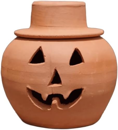 Terracotta Jack-o'-Lantern Pumpkin with Witch Hat – Handmade Clay Halloween Decoration – Rustic Fall Centerpiece – 2-Piece Natural Pumpkin Planter – Indoor Outdoor Autumn Decor