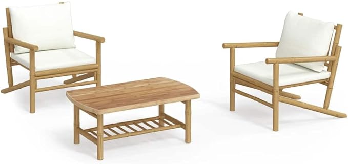 Garden Lounge Set Bamboo with Cream White Cushions Garden Furniture Set for Deck Outdoor