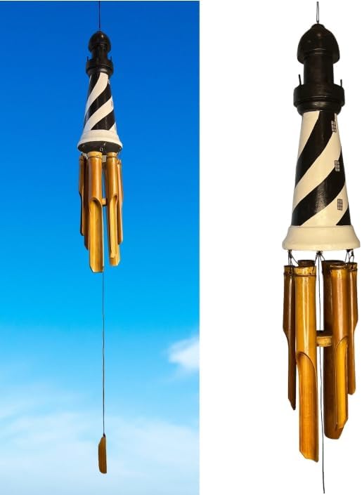Large Lighthouse Bamboo Windchime – Black and White Light House Topper with Beautiful Chimes – Hanging Outdoor Garden Porch Décor – Deep Relaxing Calming Tones – 43” Overall Length