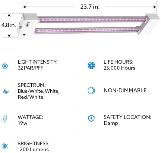 Feit Electric Grow Light 19W 2ft LED for Indoor Plants and Gardens, Full Spectrum Dual Hanging Bulb Grow Light, Hydroponic, GLP24ADJS/19W/LED