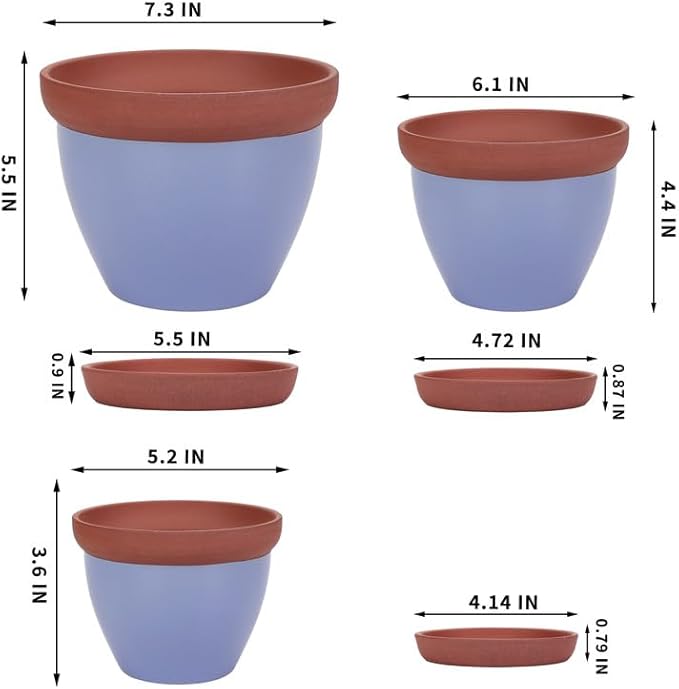 Yishang Glazed Terracotta Pots with Saucers, Set of 3, 5", 6", and 7" Sizes, Ceramic Clay Planter Pots with Drainage Holes - Blue