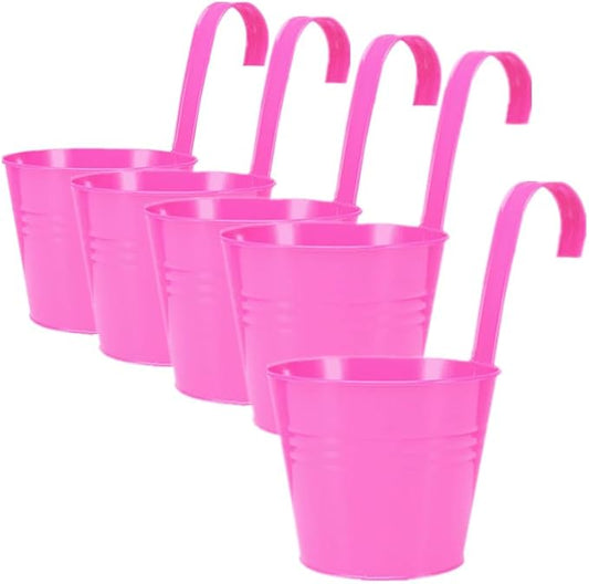 Vintage Hanging Cup Holders with Removable Hooks -5 Pack Metal Iron Buckets Hanging Flower Pots Wall Fence Hanging Planter-Storage Box, Drainage Holes -5''Diameter Vase Decoration (Rose Pink)