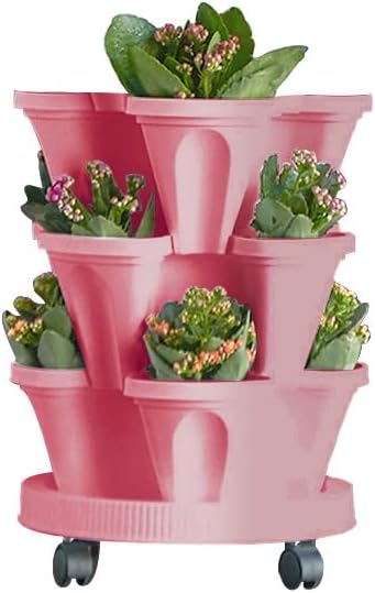 Vertical Planter 3 Tiered,Stackable Planters for Strawberry Herb Flower and Vegetable Stacking Garden Tower Gardening Pots with Removable Wheels and Bottom Indoor Outdoor