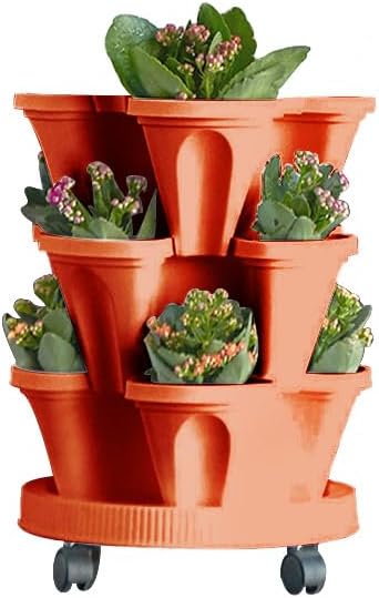 Vertical Planter 3 Tiered,Stackable Planters for Strawberry Herb Flower and Vegetable Stacking Garden Tower Gardening Pots with Removable Wheels and Bottom Indoor Outdoor
