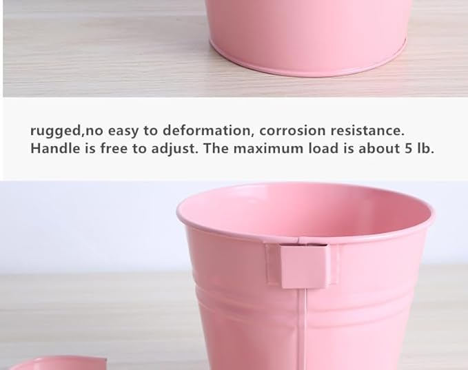 Vintage Hanging Cup Holders with Removable Hooks -5 Pack Metal Iron Buckets Hanging Flower Pots Wall Fence Hanging Planter-Storage Box, Drainage Holes -5''Diameter Vase Decoration (Rose Pink)