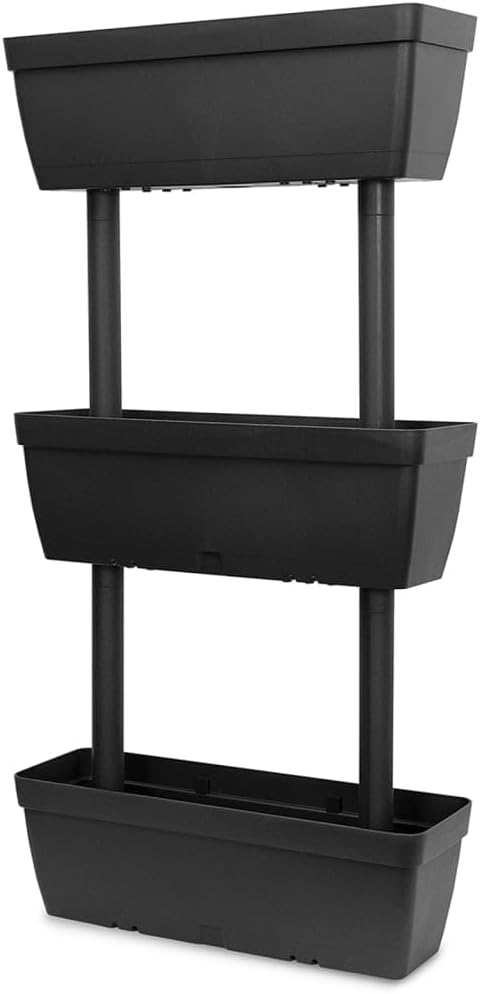 6 Pcs Anthracite Garden Planter Set, 39.4 Inch Stackable Flower Boxes with Water Reservoir, Expandable Patio Planters for Balcony Terrace, TPR Material Outdoor Plant
