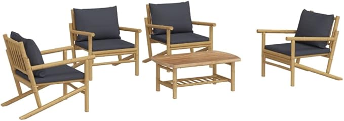 Garden Lounge Set Dark Grey, Natural Bamboo Outdoor Seating Set Garden Seating Ensemble for Pond Backyard