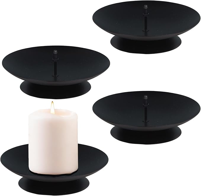 Pillar Candle Holder with Safety Spike, Set of 4, 3.5 Inch Metal Candle Plate, Pillar Candle Holders, Black Candle Stand