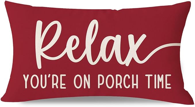 PANDICORN Decorative Throw Pillow Covers 12x20 Inch Relax Porch Time Crimson Red Outdoor Farmhouse Holiday Christmas Patio Decorations Lumbar Decorative Cushion Case for Front Porch Couch Bench Decor