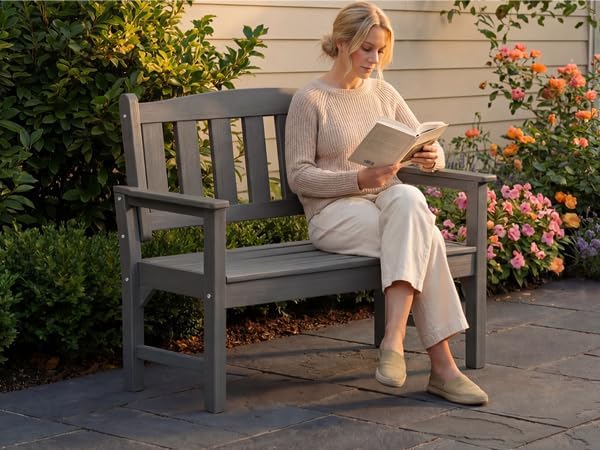 Psilvam 2-Person Outdoor Memorial Bench, All-Weather Poly Lumber Garden Bench, Rot-Resistant Outdoor Patio Bench for Park,Porch,and Church(Grey)