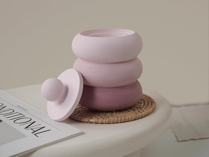 Storage Box With Lids, Silicone Candle Jar Molds Set, Creative Vessels Pot Molds, Concrete Round Stripe With Cover Bottle Making Moulds for Holder (M)