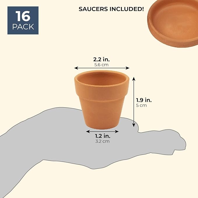 Juvale Mini Terracotta Pots with Saucers - 2.2 x 2.2 x 1.9 in, Brown, 16-Pack, Rustic - Succulent & Cactus Pots with Drainage Hole & Plant Saucer for Garden Decor