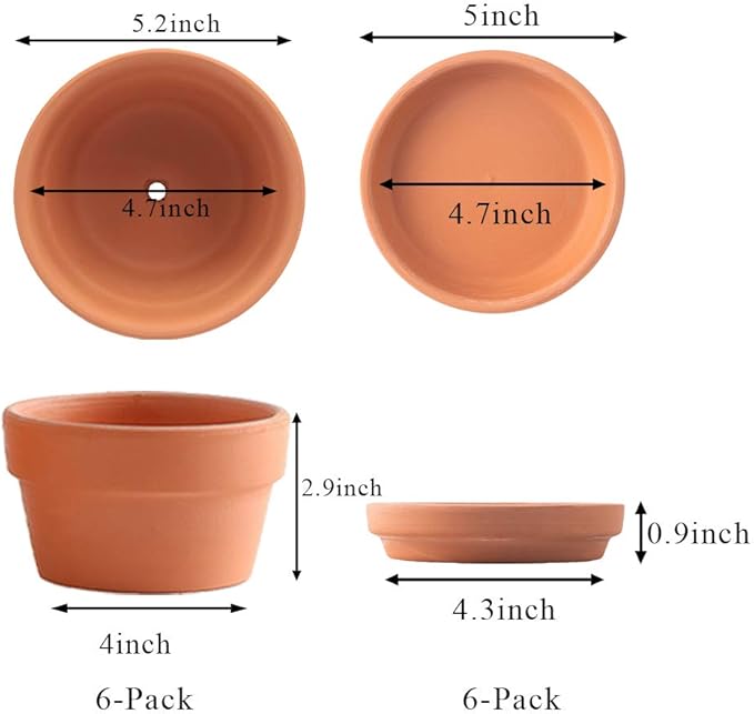 Yishang 5 Inch Shallow Terracotta Clay pots with Drain Hole,Ceramic Plant pots for Indoor/Outdoor Plants,Unglazed Bonsai Planter with Saucer/Tray for Cacuts/Succulent Plants
