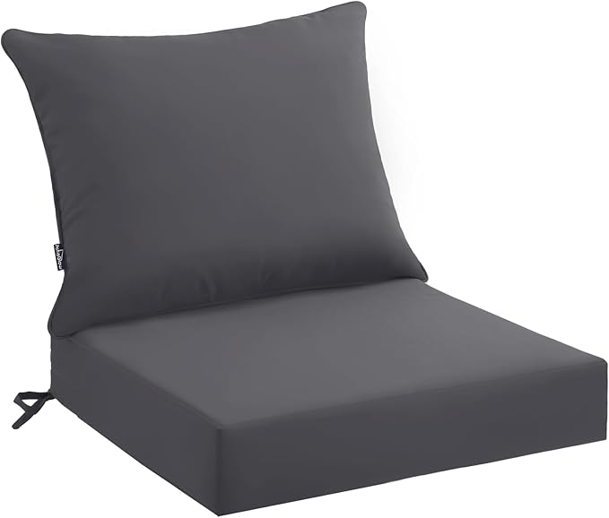 Outdoor Seat Cushion Set 24 x 24 x 4 Inch, Waterproof & Fade Resistant Patio Furniture Cushions with Removable Cover and Ties, Thick Deep Seating Pads for Outside Chair Sofa Couch, Grey
