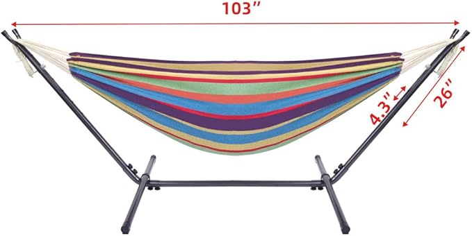 Portable Outdoor Polyester Hammock Set,Single Person Brazilian Hammock,Garden Cotton Hammocks,Indoor Swing Hammock Chair,with Stand & Carry Bag,for Outside Patio Porch Poolside Backyard (Rainbow)