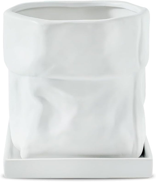 Nihow Ceramic Plant Pot: 6 Inch Planter with Drainage Hole & Square Saucer for Herbs/Plants, Bag Shape Design Flower Pot for Indoor & Outdoor Garden Decor - White