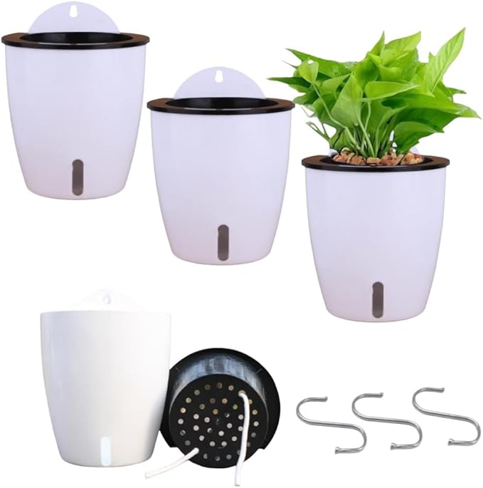 Visible Water Level Self Watering Planter,Hanging Planters,Wall Mounted Plants Holder,Small Flower pots Indoor Out Flowerpot with 3 Hooks Plastic Pots for Plants 3 Pack (White, 5.5inch)
