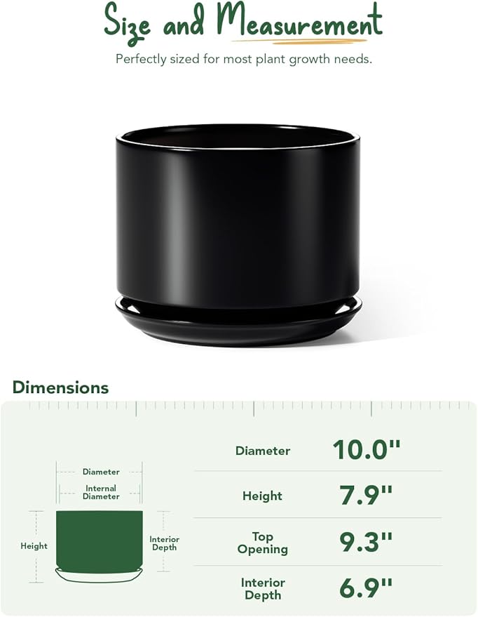 LE TAUCI Ceramic Pots for Plants, 10 Inch Plant Pot with Drainage Hole & Saucer, Sturdy & Modern Planters for Indoor Plants, Includes Mesh Screen, Fits Snake Plant & Monstera, Black