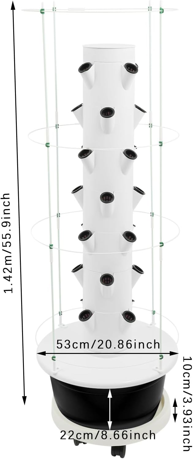 Hydroponic Growing System Kit, Vertical Hydroponic Tower with Climbing Trellis, Indoor & Outdoor Herb Garden, Vegetable Tower with 28 Planting Pods for Tomatoes,Strawberries (White and Black)