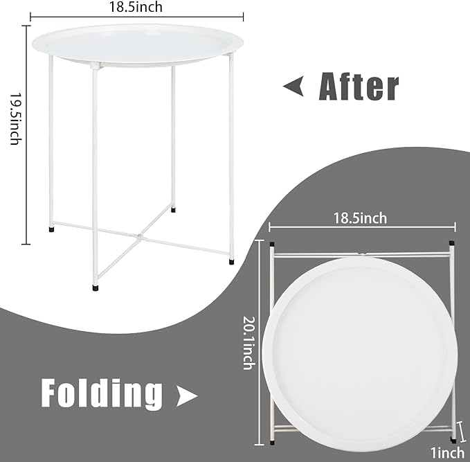 Garden 4 you End Table Metal Side Table White Round Folding Tray Cyan Sofa Small Accent Fold-able Table, Round End Table Tray, Next to Sofa Table, Snack Table for Living Room and Bed Room