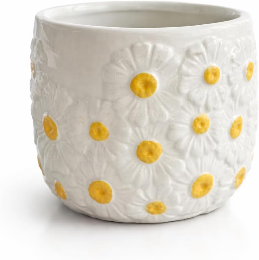 Arktiva 4.5 Inch Ceramic Planter Pot with Drainage Hole-Indoor Outdoor Flower Pot for Houseplants, Succulents & Flowers, Home Decor, Daisy Pattern